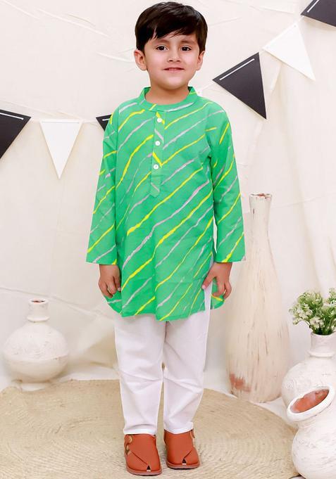 Green Printed Cotton Kurta Set For Boys — view on Indya