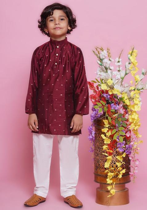 Maroon Woven Design Silk Kurta Set For Boys — view on Indya