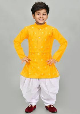 Yellow Embroidered Cotton Kurta Set For Boys