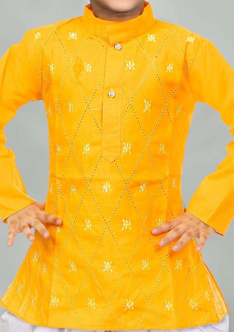 Yellow Embroidered Cotton Kurta Set For Boys - Indya