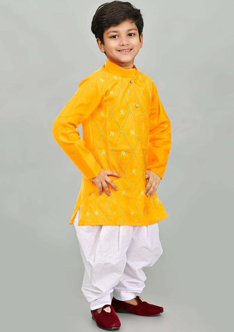Yellow Embroidered Cotton Kurta Set For Boys - Indya