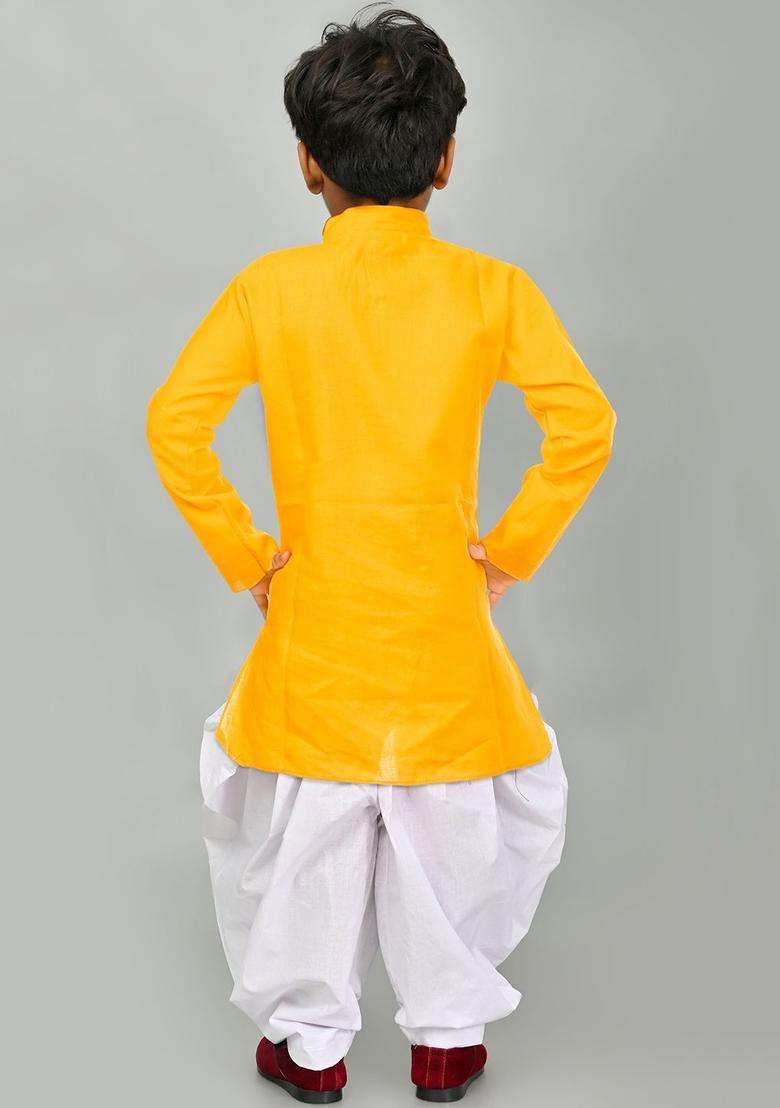 Yellow Embroidered Cotton Kurta Set For Boys - Indya