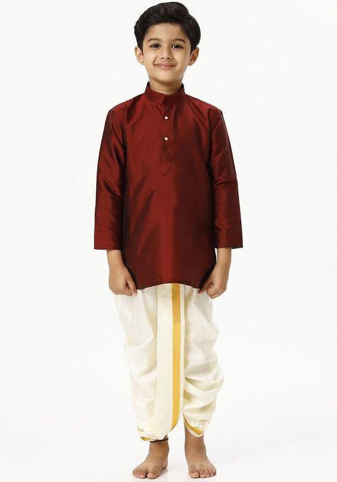 Maroon Solid Silk Kurta Set For Boys — view on Indya