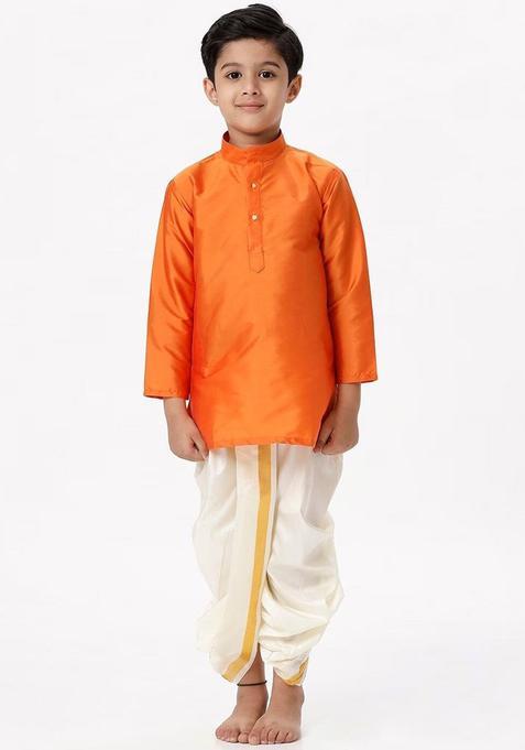 Orange Solid Silk Kurta Set For Boys — view on Indya