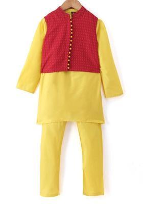 Yellow Solid Polyester Kurta Set For Boys