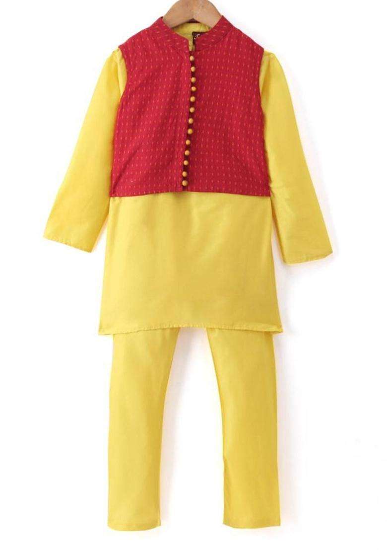 Yellow Solid Polyester Kurta Set For Boys - Indya