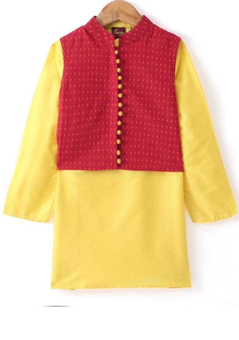 Yellow Solid Polyester Kurta Set For Boys - Indya