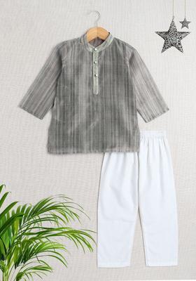 Grey Striped Cotton Kurta Set For Boys