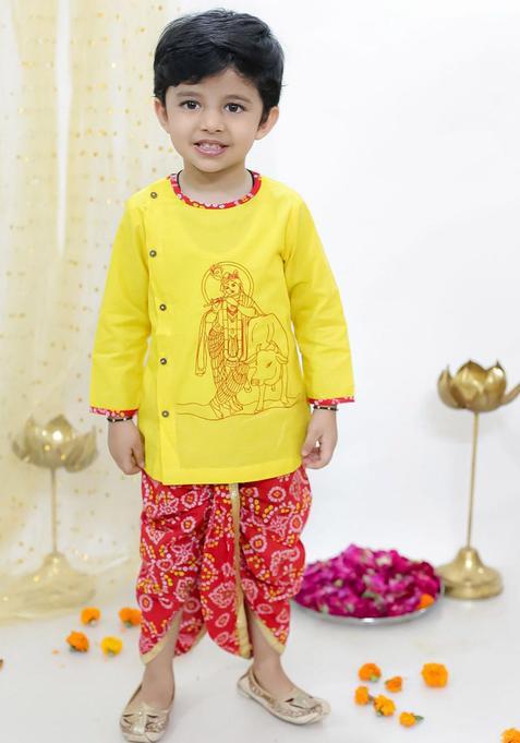Yellow Printed Cotton Kurta Set For Boys — view on Indya