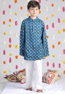 Navy Blue Woven Design Silk Kurta Set For Boys
