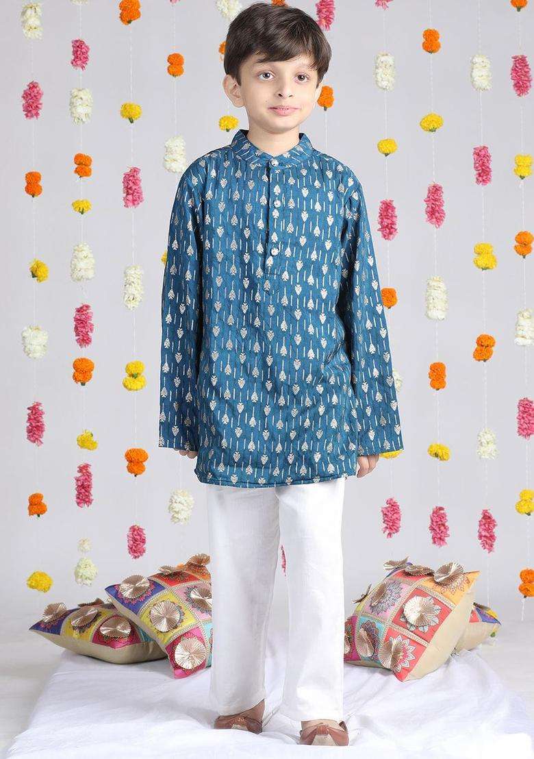Navy Blue Woven Design Silk Kurta Set For Boys - Indya