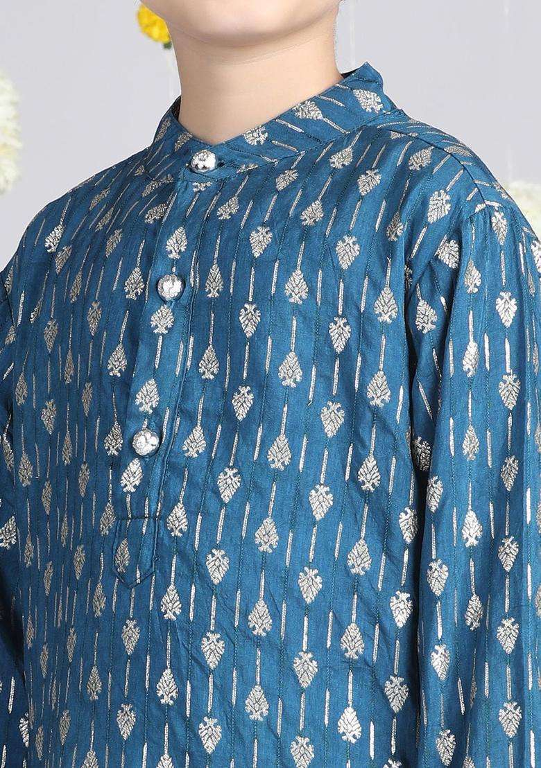 Navy Blue Woven Design Silk Kurta Set For Boys - Indya