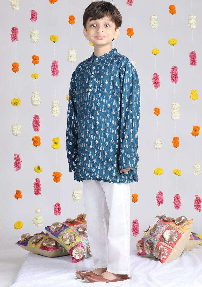 Navy Blue Woven Design Silk Kurta Set For Boys - Indya