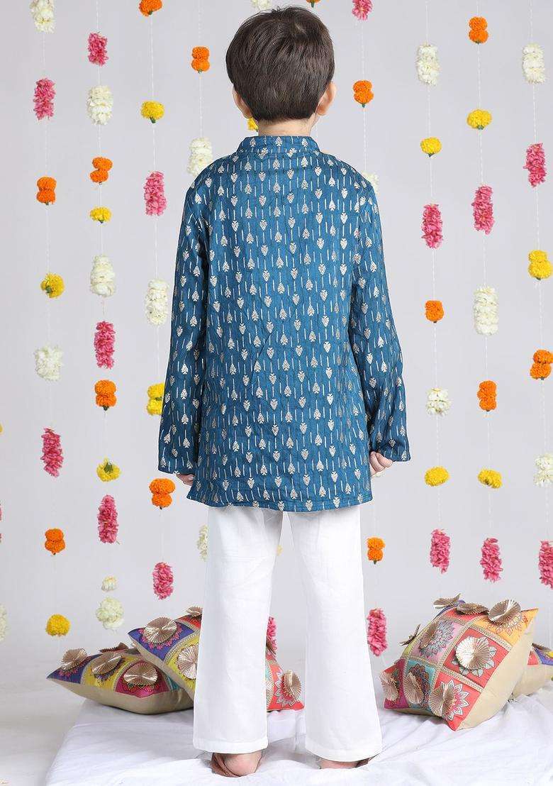 Navy Blue Woven Design Silk Kurta Set For Boys - Indya