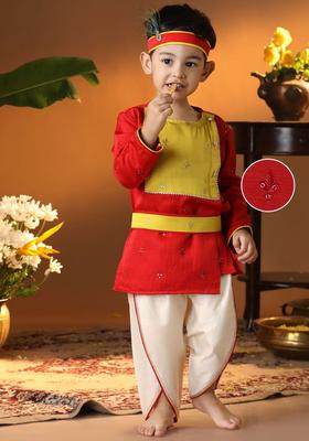 Red Embroidered Silk Kurta Set For Boys