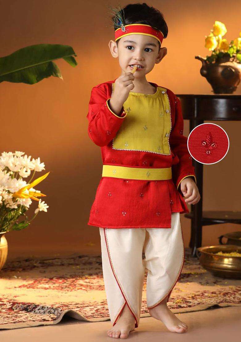 Red Embroidered Silk Kurta Set For Boys - Indya