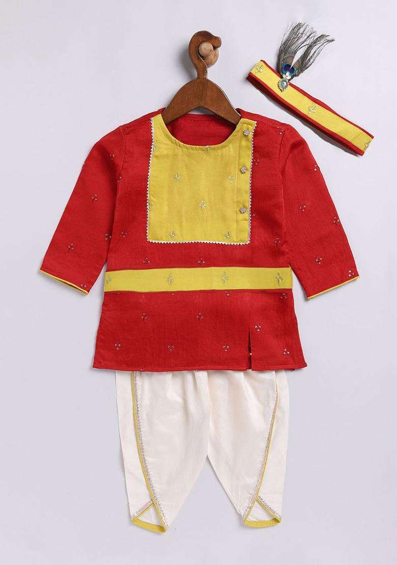 Red Embroidered Silk Kurta Set For Boys - Indya