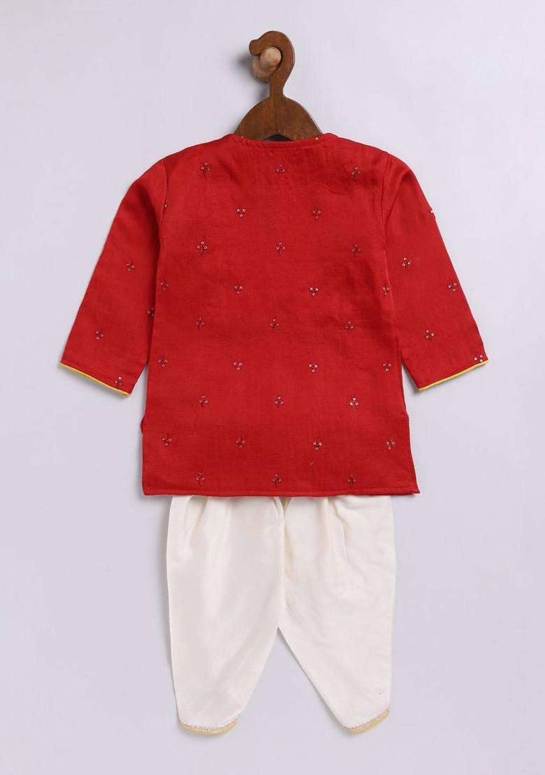 Red Embroidered Silk Kurta Set For Boys - Indya