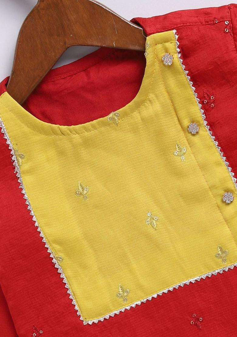 Red Embroidered Silk Kurta Set For Boys - Indya