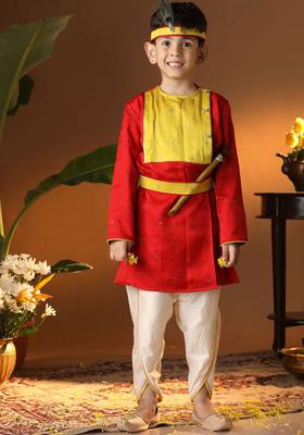 Red Embroidered Silk Kurta Set For Boys