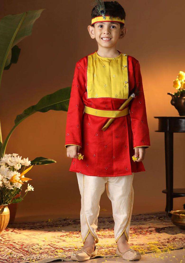 Red Embroidered Silk Kurta Set For Boys - Indya