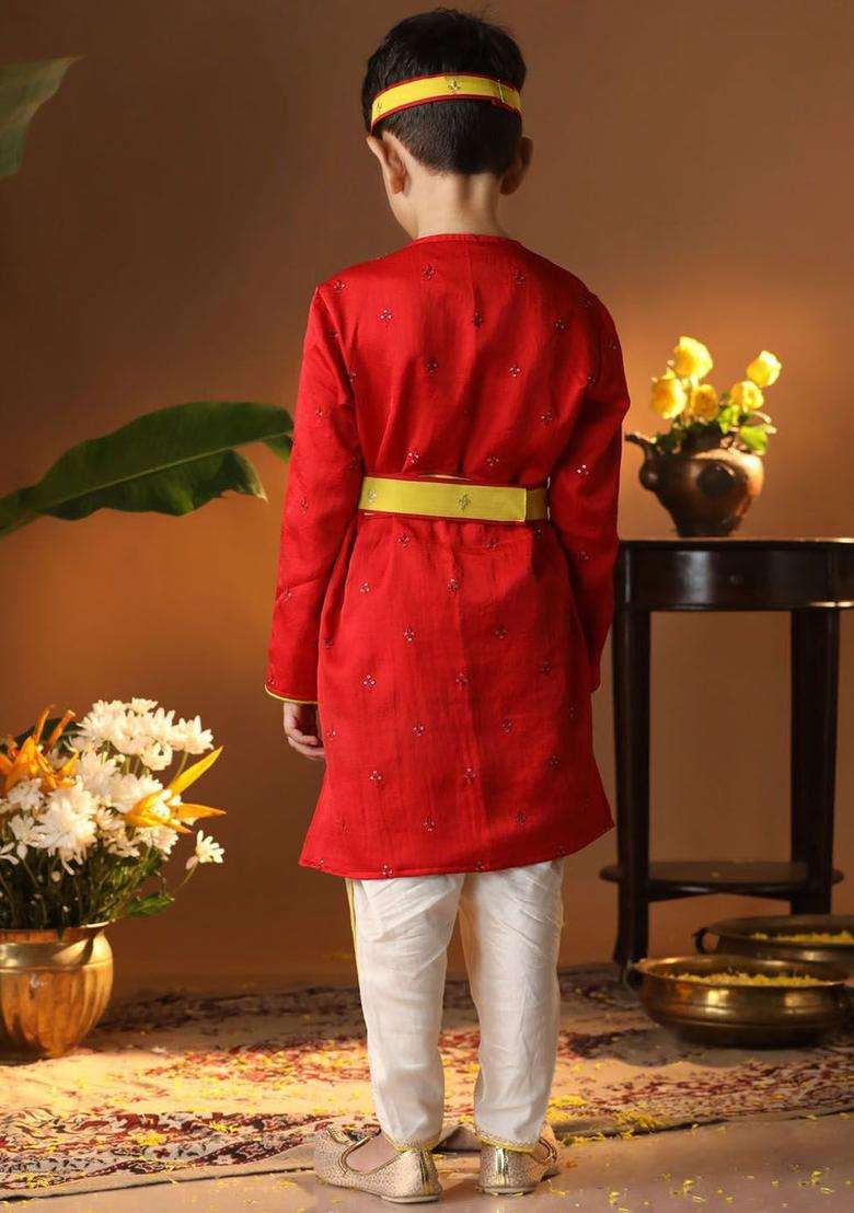 Red Embroidered Silk Kurta Set For Boys - Indya