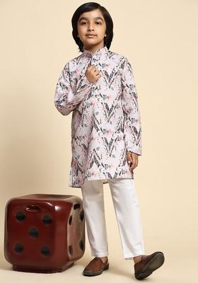 Peach Printed Cotton Kurta Set For Boys