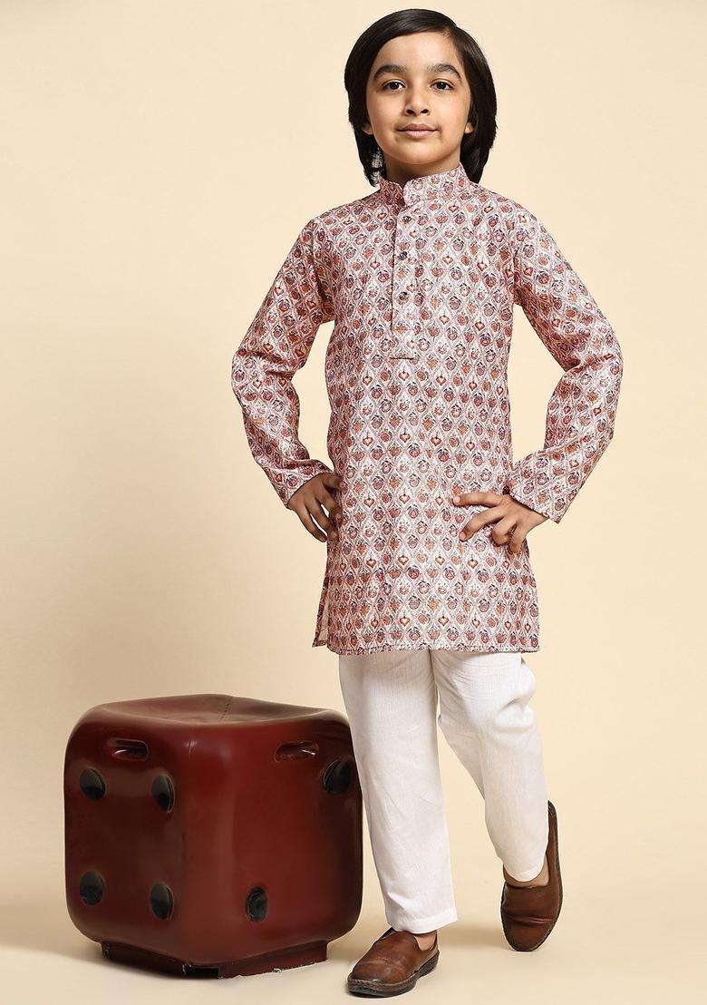 Brown Printed Cotton Kurta Set For Boys - Indya