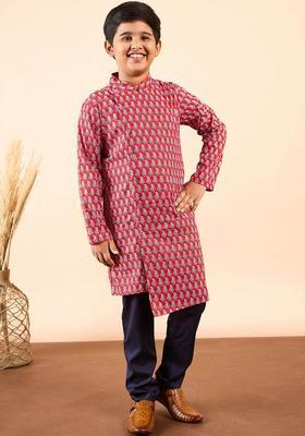 Red Printed Silk Kurta Set For Boys