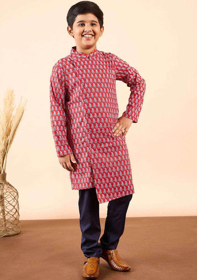 Red Printed Silk Kurta Set For Boys - Indya
