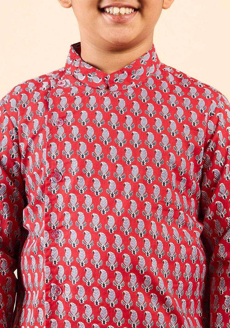 Red Printed Silk Kurta Set For Boys - Indya