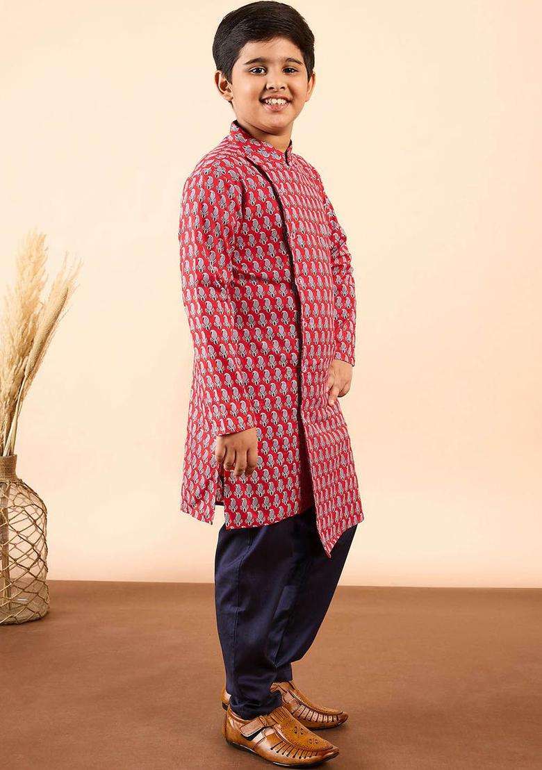 Red Printed Silk Kurta Set For Boys - Indya