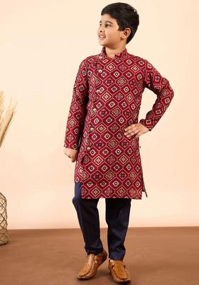 Red Printed Silk Kurta Set For Boys