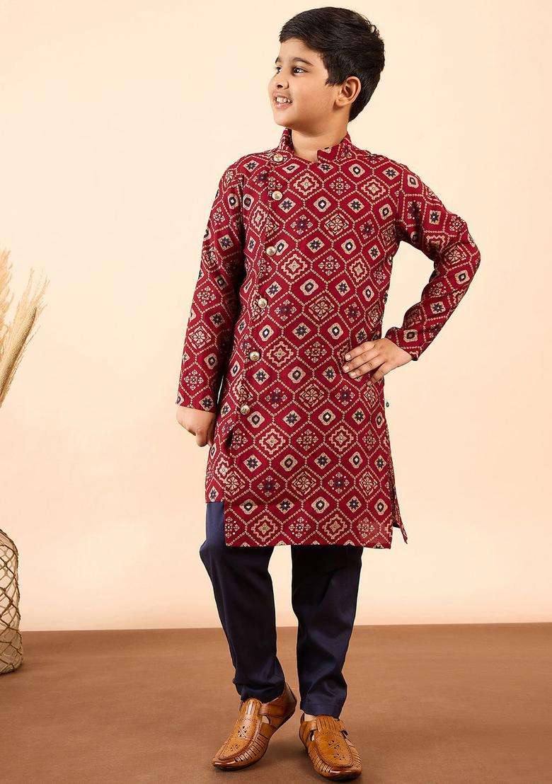 Red Printed Silk Kurta Set For Boys - Indya