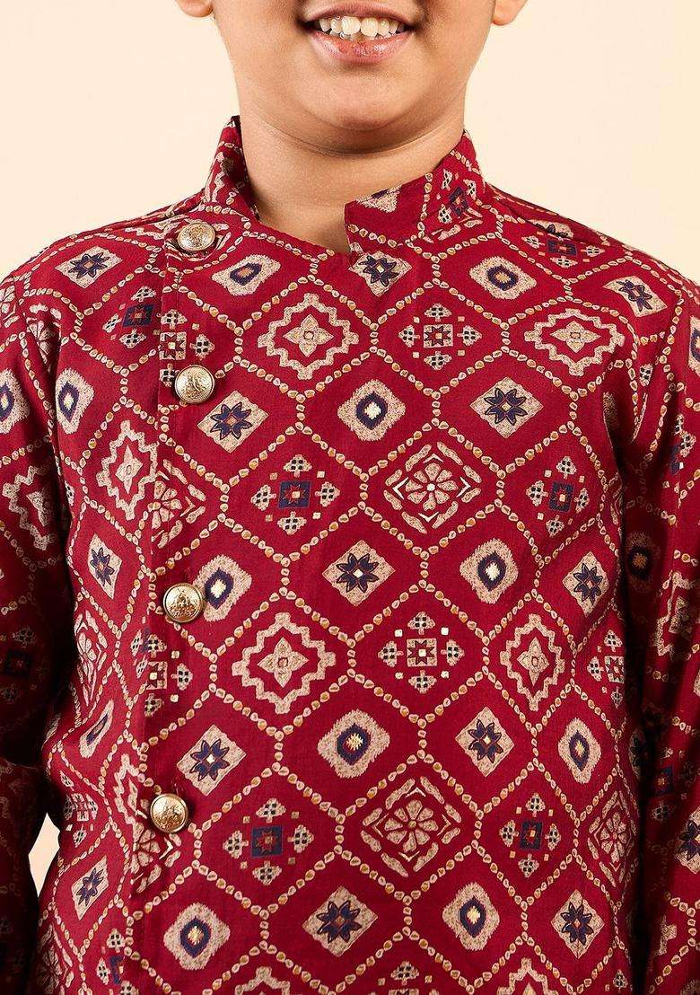 Red Printed Silk Kurta Set For Boys - Indya