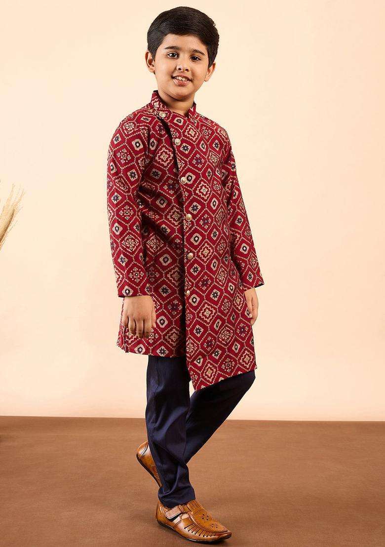 Red Printed Silk Kurta Set For Boys - Indya