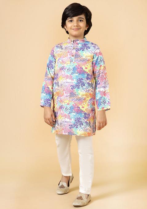 White Printed Polyester Kurta Set For Boys — view on Indya
