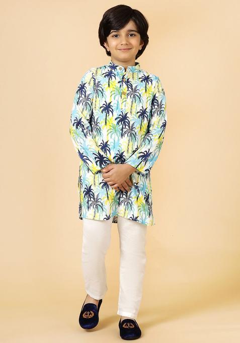 White Printed Polyester Kurta Set For Boys — view on Indya