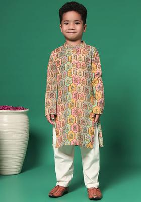 Grey Printed Cotton Kurta Set For Boys