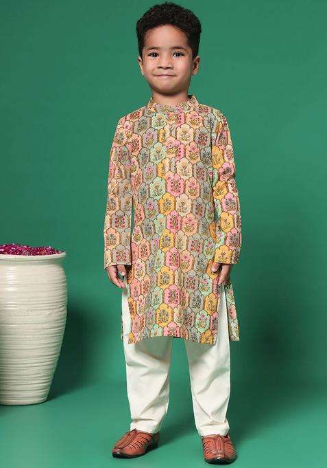 Grey Printed Cotton Kurta Set For Boys