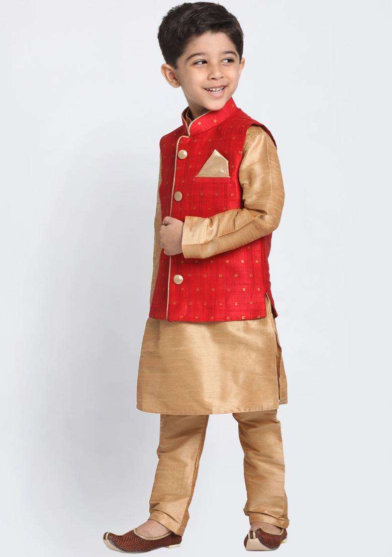 Rose Gold Solid Silk Kurta Set For Boys - Indya