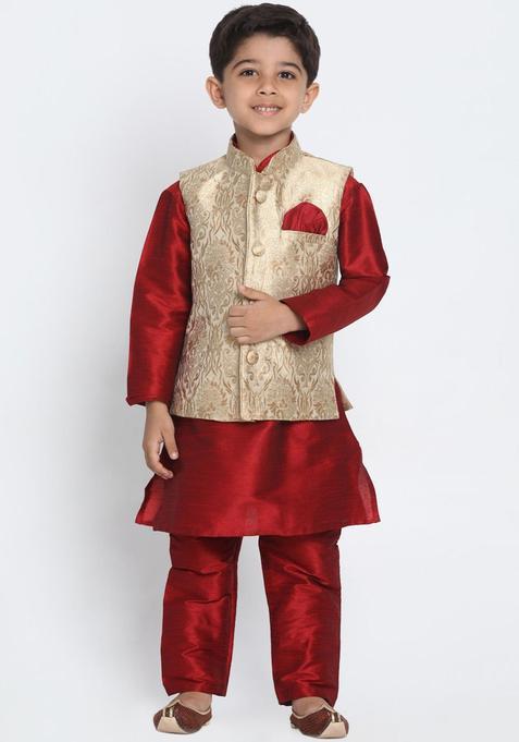 Maroon Solid Silk Kurta Set For Boys — view on Indya
