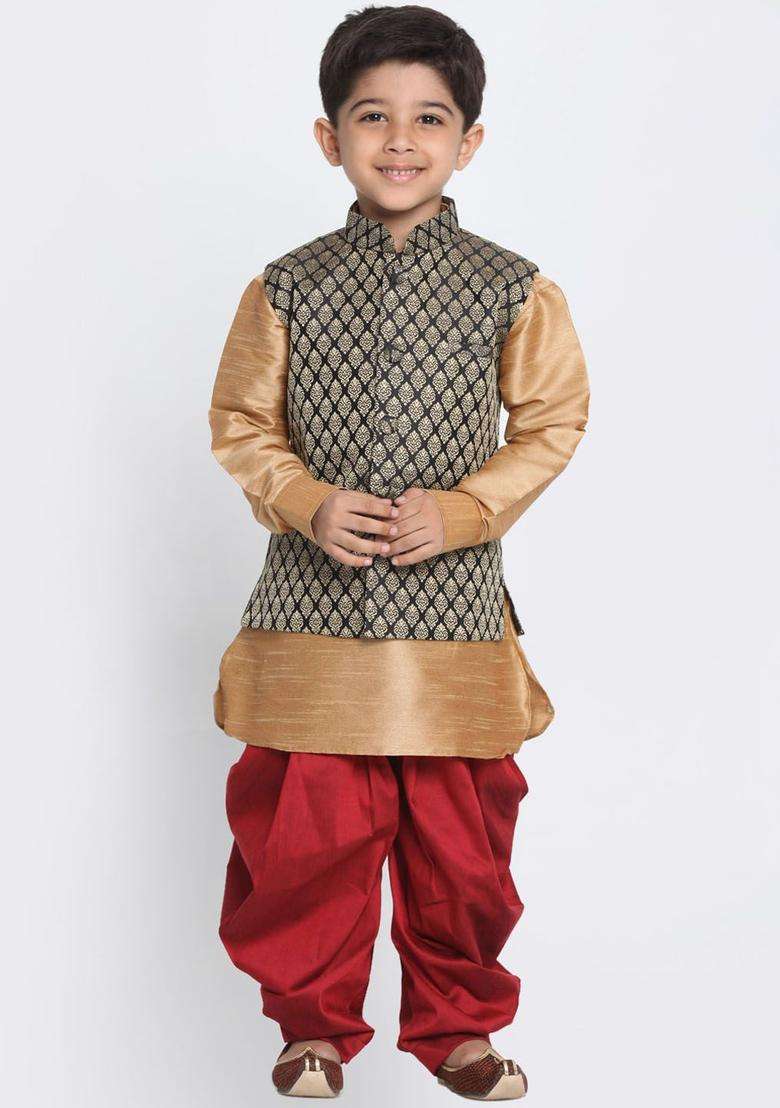 Rose Gold Solid Silk Kurta Set For Boys - Indya