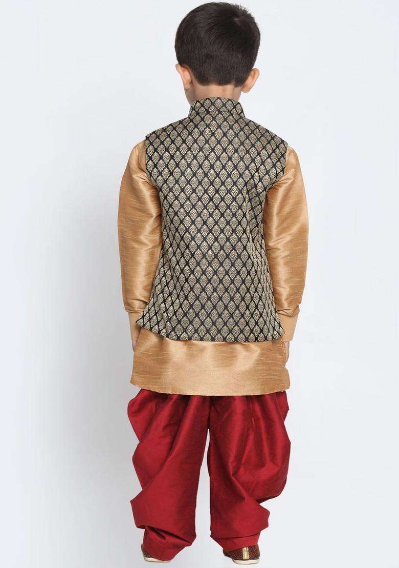Rose Gold Solid Silk Kurta Set For Boys - Indya