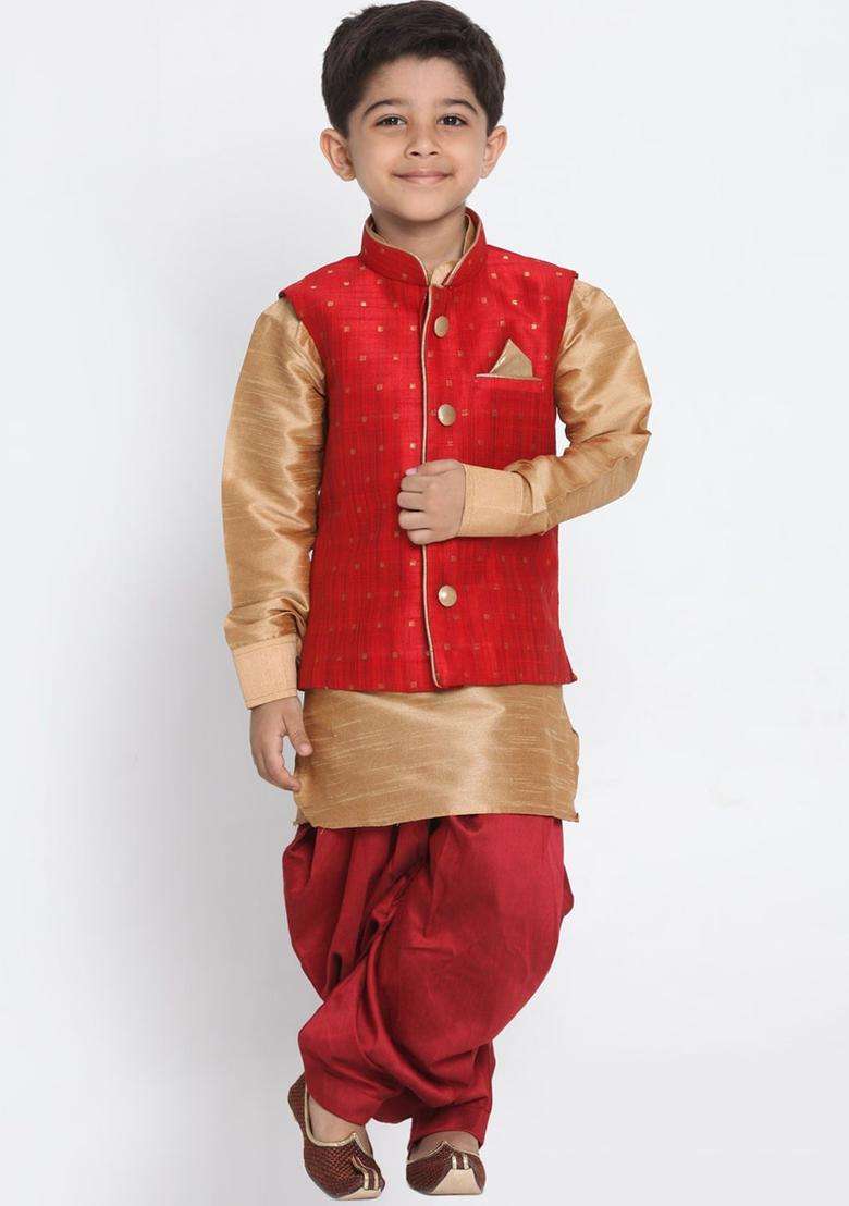 Rose Gold Woven Design Silk Kurta Set For Boys - Indya