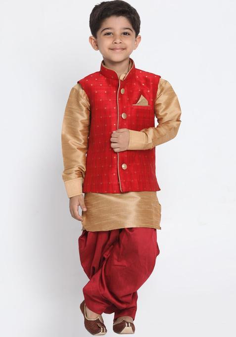 Rose Gold Woven Design Silk Kurta Set For Boys — view on Indya