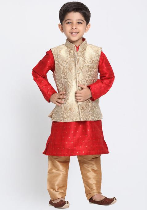 Maroon Woven Design Silk Kurta Set For Boys — view on Indya