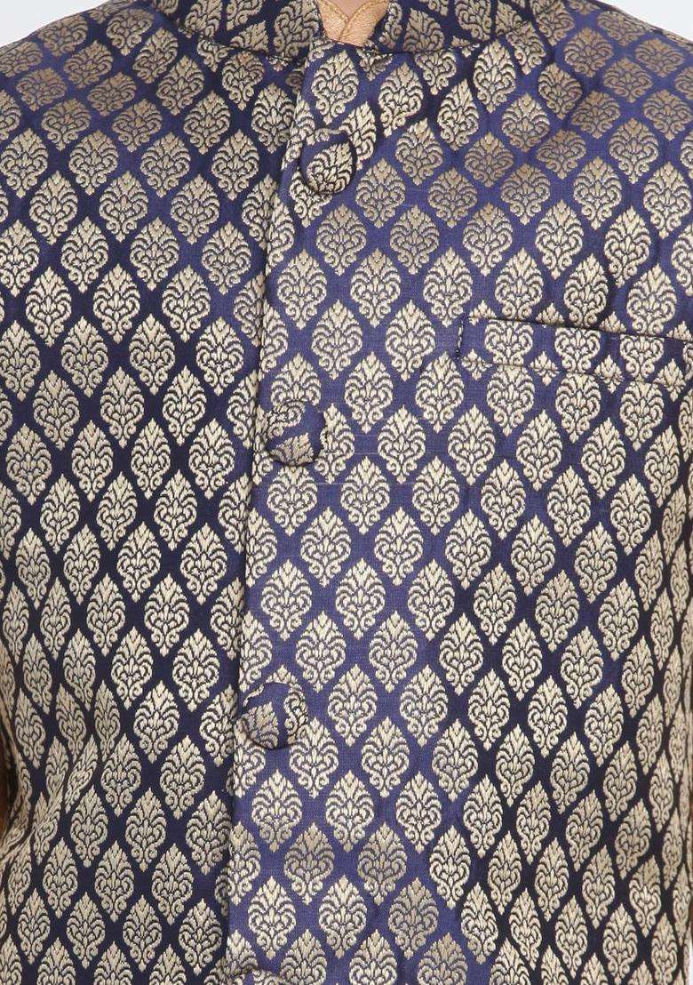 Rose Gold Woven Design Silk Kurta Set For Boys - Indya