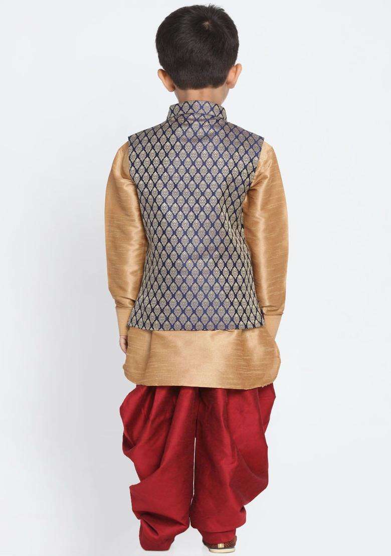 Rose Gold Woven Design Silk Kurta Set For Boys - Indya