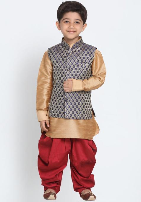 Rose Gold Woven Design Silk Kurta Set For Boys — view on Indya